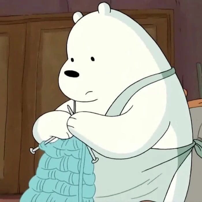 An illustrated white bear in an apron, calmly knitting a blue blanket